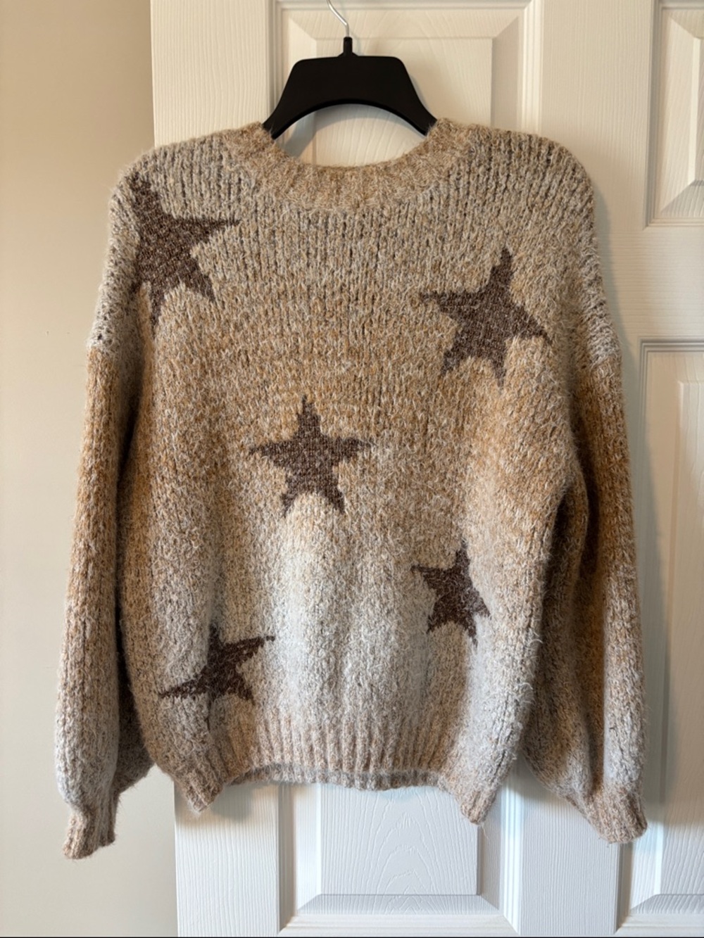 Wishlist Beige Crewneck Sweater with Brown Star Pattern